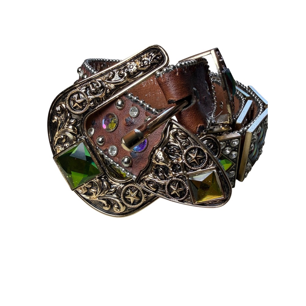 Y2K Cowgirl Chic Rhinestone Belt - Brown Leather Green Gemstones 41" Texas Bling